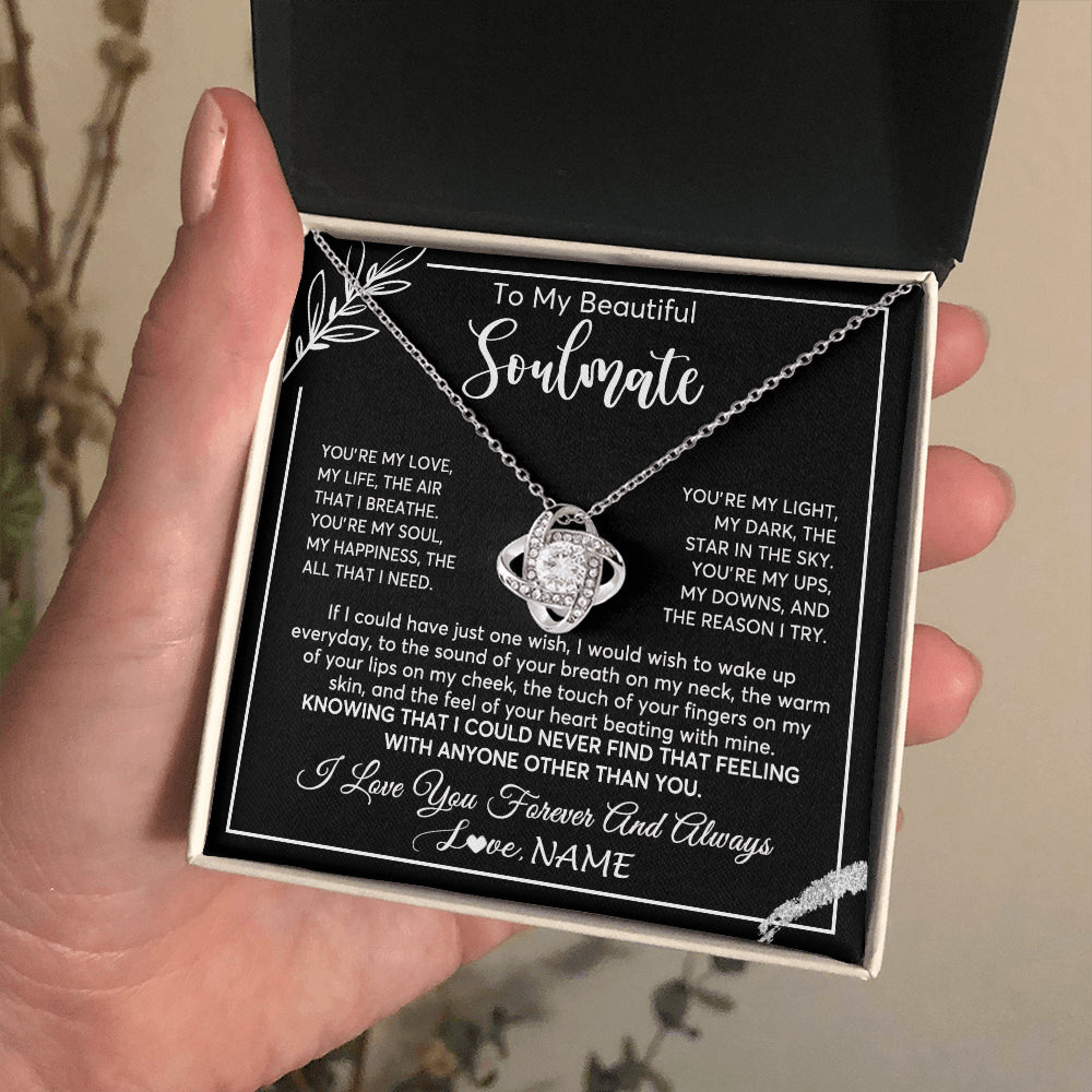 Love Knot Necklace 14K White Gold Finish | 2 | Personalized To My Beautiful Soulmate Necklace From Husband You're My Love Wife Birthday Anniversary Valentines Day Jewelry Customized Gift Box Message Card | teecentury