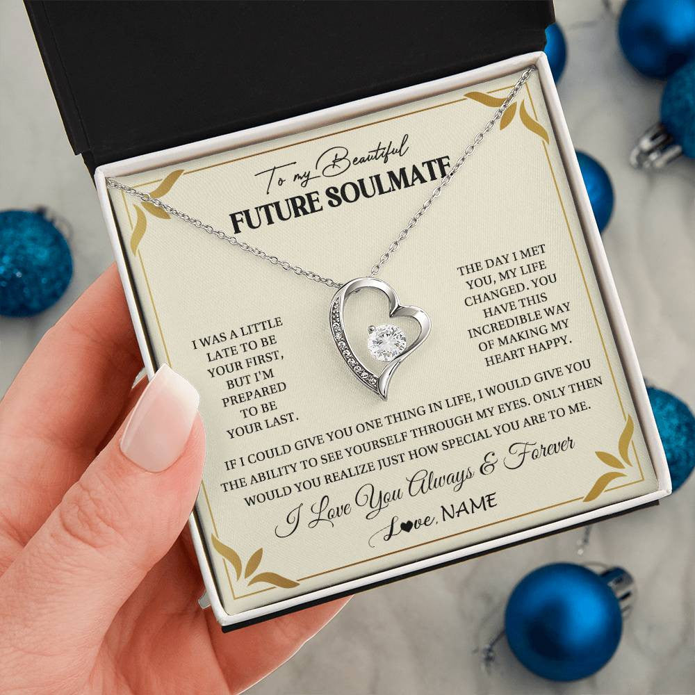 Forever Love Necklace 14K White Gold Finish | 2 | Personalized To My Beautiful Soulmate Necklace Gift From Husband Promise Necklace For Soulmate Birthday Jewelry Christmas Customized Gift Box Message Card | teecentury