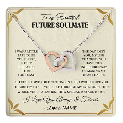 Interlocking Hearts Necklace Stainless Steel & Rose Gold Finish | 1 | Personalized To My Beautiful Soulmate Necklace Gift From Husband Promise Necklace For Soulmate Birthday Jewelry Christmas Customized Gift Box Message Card | teecentury
