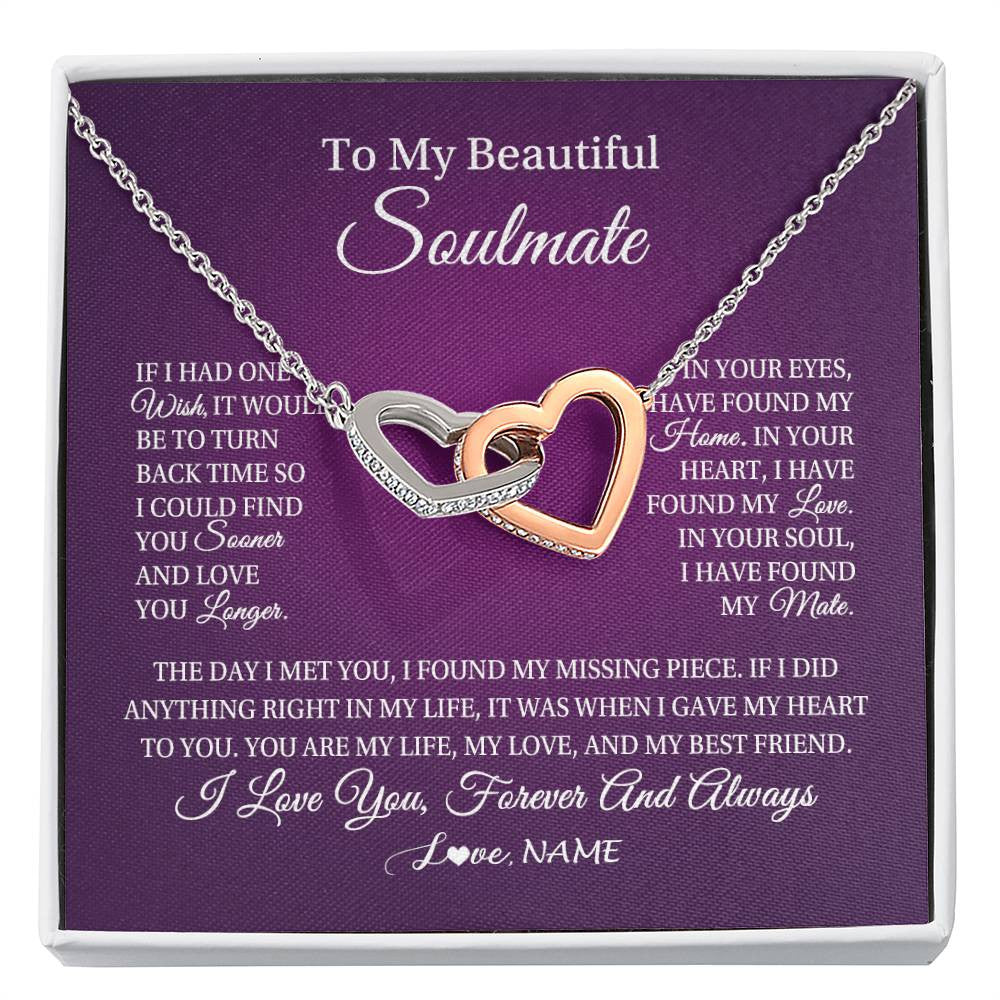 Interlocking Hearts Necklace Stainless Steel & Rose Gold Finish | Personalized To My Beautiful Soulmate Necklace Gift From Husband Romantic Gifts For Future Wife Birthday Anniversary Christmas Customized Gift Box Message Card | teecentury