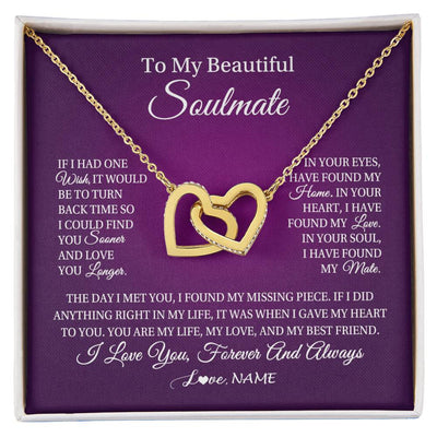Interlocking Hearts Necklace 18K Yellow Gold Finish | Personalized To My Beautiful Soulmate Necklace Gift From Husband Romantic Gifts For Future Wife Birthday Anniversary Christmas Customized Gift Box Message Card | teecentury