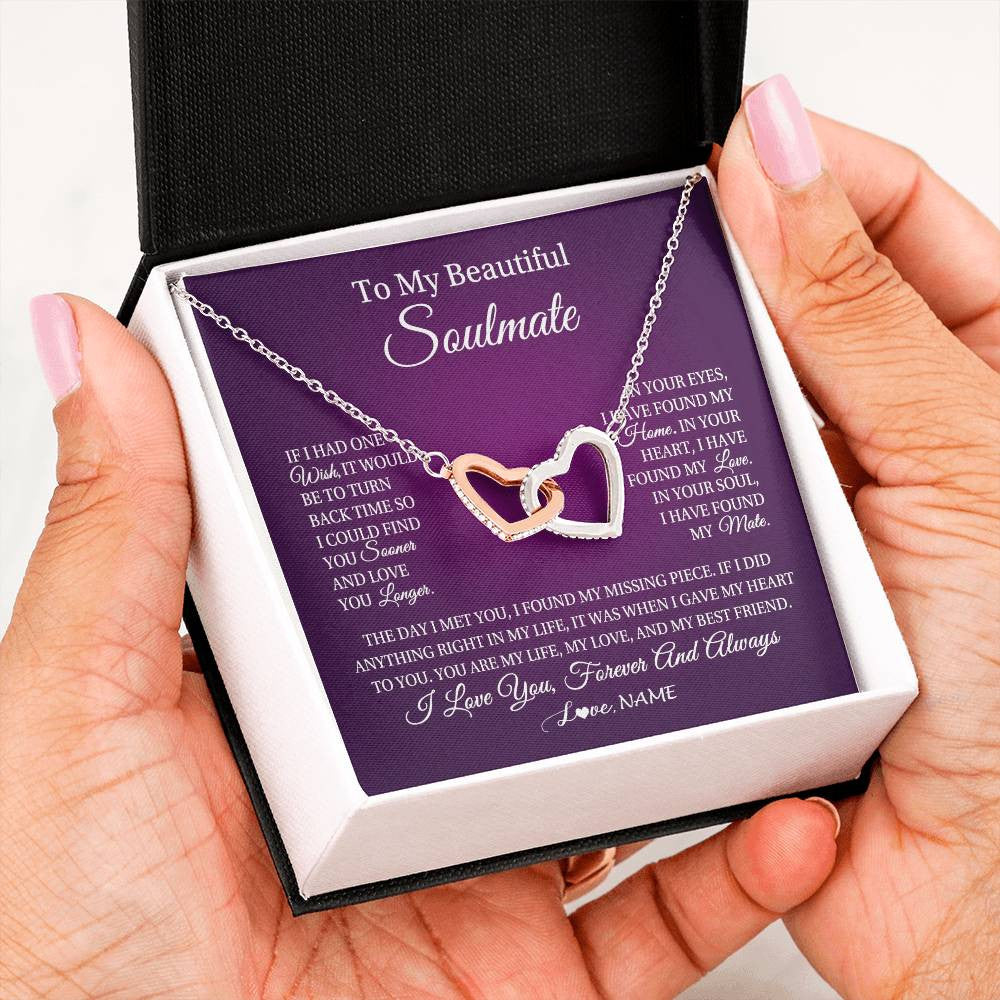 Interlocking Hearts Necklace Stainless Steel & Rose Gold Finish | Personalized To My Beautiful Soulmate Necklace Gift From Husband Romantic Gifts For Future Wife Birthday Anniversary Christmas Customized Gift Box Message Card | teecentury