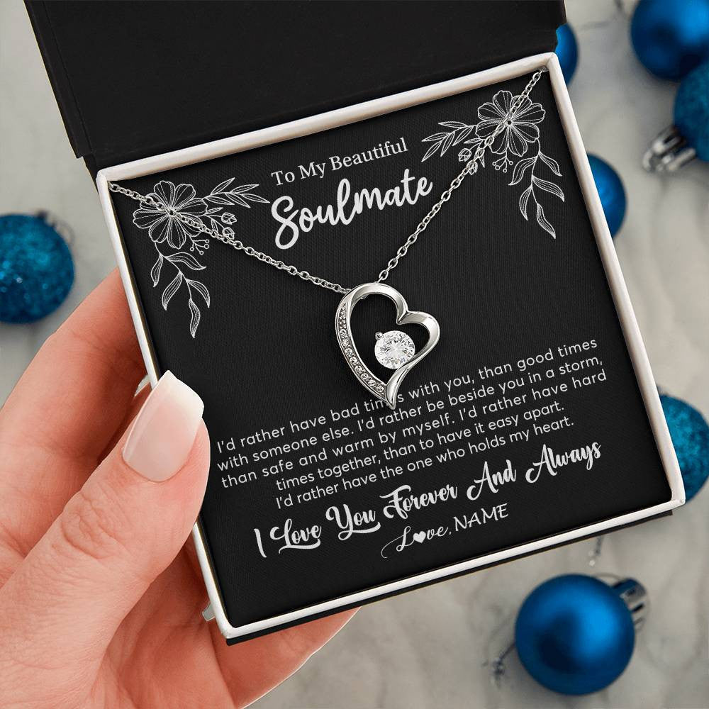 Forever Love Necklace 14K White Gold Finish | 2 | Personalized To My Beautiful Soulmate Necklace Gifts From Husband I'd Rather Soulmate Birthday Anniversary Valentines Day Customized Gift Box Message Card | teecentury