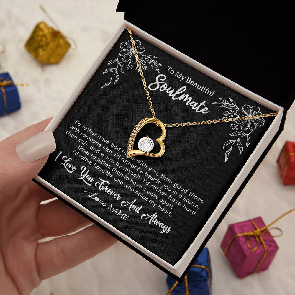 Forever Love Necklace 18K Yellow Gold Finish | 2 | Personalized To My Beautiful Soulmate Necklace Gifts From Husband I'd Rather Soulmate Birthday Anniversary Valentines Day Customized Gift Box Message Card | teecentury