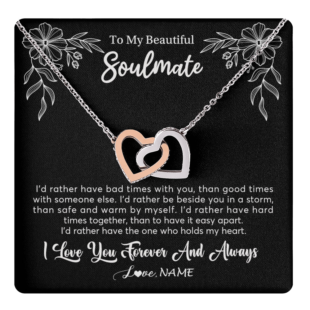 Interlocking Hearts Necklace Stainless Steel & Rose Gold Finish | 1 | Personalized To My Beautiful Soulmate Necklace Gifts From Husband I'd Rather Soulmate Birthday Anniversary Valentines Day Customized Gift Box Message Card | teecentury