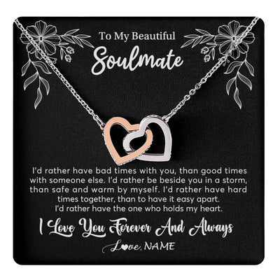 Interlocking Hearts Necklace Stainless Steel & Rose Gold Finish | 1 | Personalized To My Beautiful Soulmate Necklace Gifts From Husband I'd Rather Soulmate Birthday Anniversary Valentines Day Customized Gift Box Message Card | teecentury