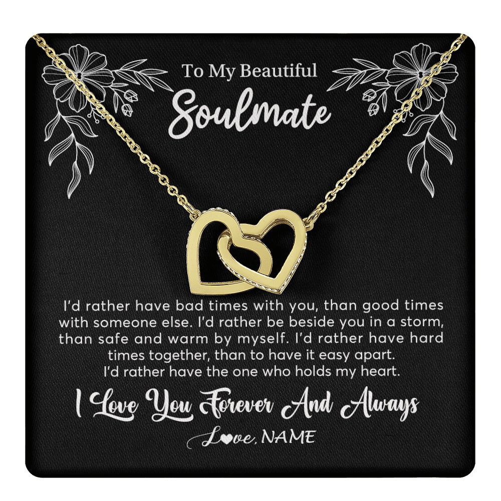 Interlocking Hearts Necklace 18K Yellow Gold Finish | 1 | Personalized To My Beautiful Soulmate Necklace Gifts From Husband I'd Rather Soulmate Birthday Anniversary Valentines Day Customized Gift Box Message Card | teecentury