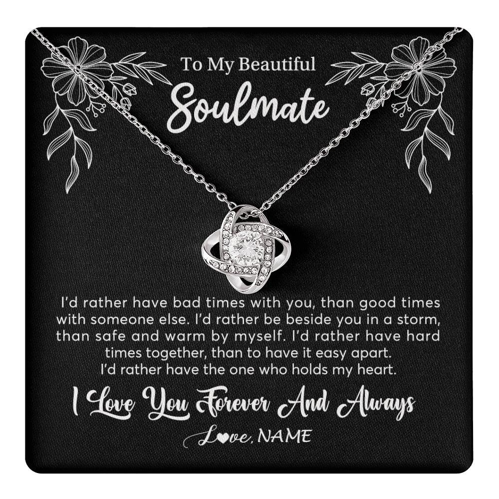 Love Knot Necklace 14K White Gold Finish | 1 | Personalized To My Beautiful Soulmate Necklace Gifts From Husband I'd Rather Soulmate Birthday Anniversary Valentines Day Customized Gift Box Message Card | teecentury