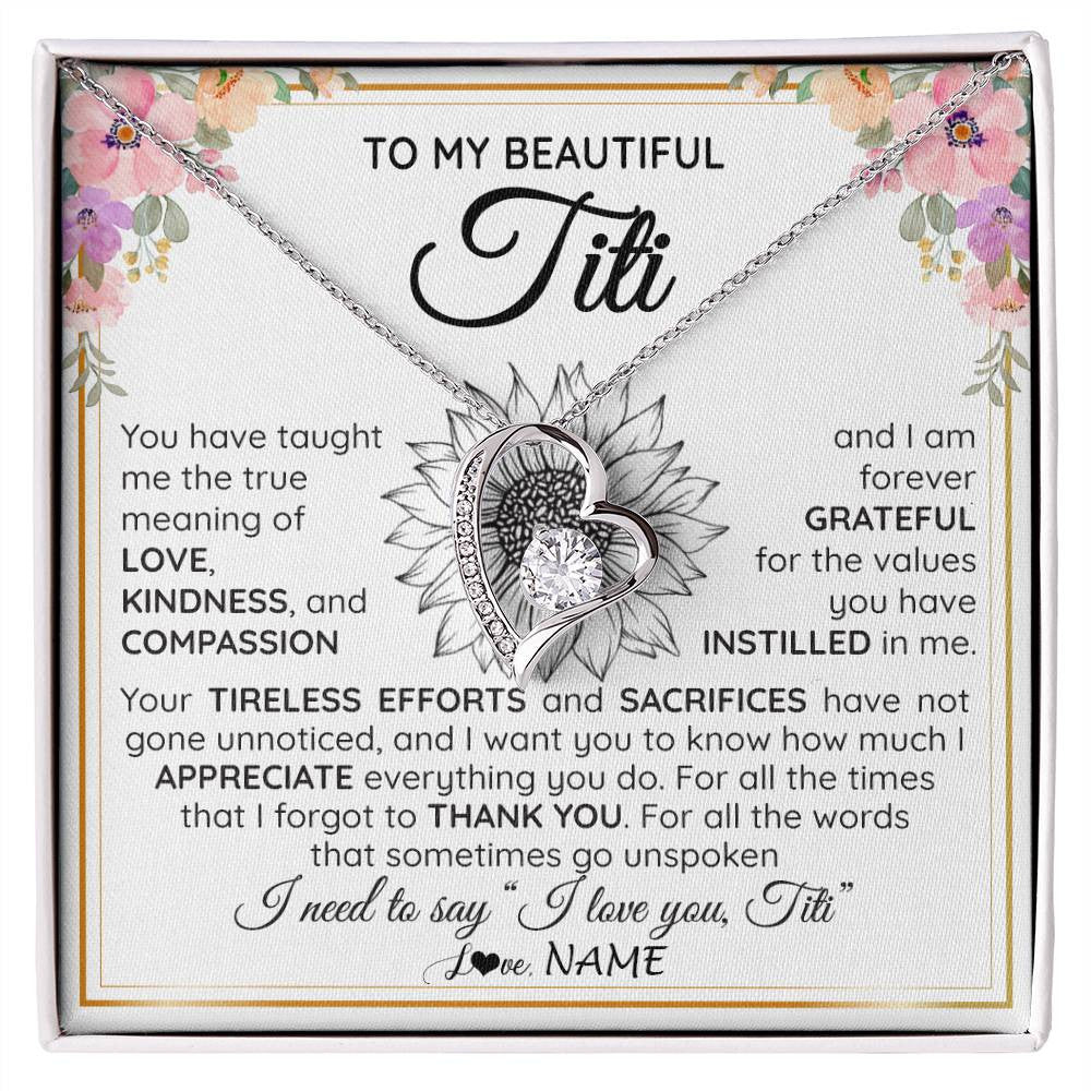Forever Love Necklace 14K White Gold Finish | Personalized To My Beautiful Titi From Niece Nephew Necklace Say I Love You Titi Birthday Mothers Day Christmas Jewelry Customized Gift Box Message Card | teecentury