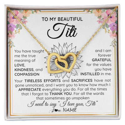 Interlocking Hearts Necklace 18K Yellow Gold Finish | Personalized To My Beautiful Titi From Niece Nephew Necklace Say I Love You Titi Birthday Mothers Day Christmas Jewelry Customized Gift Box Message Card | teecentury
