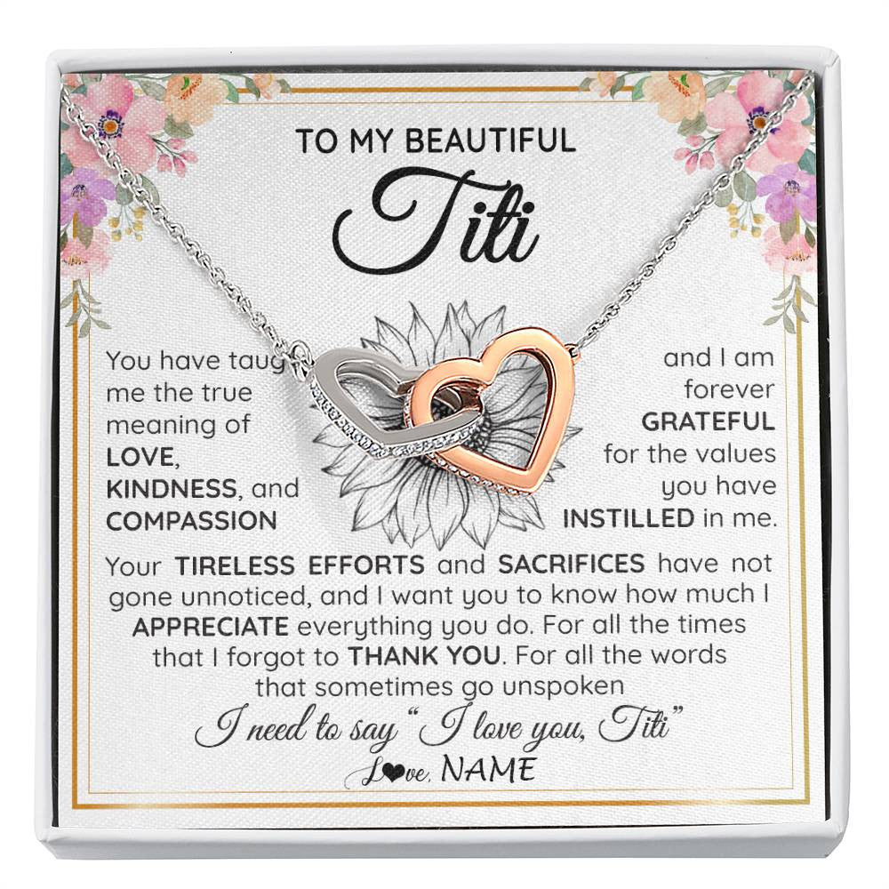 Interlocking Hearts Necklace Stainless Steel & Rose Gold Finish | Personalized To My Beautiful Titi From Niece Nephew Necklace Say I Love You Titi Birthday Mothers Day Christmas Jewelry Customized Gift Box Message Card | teecentury