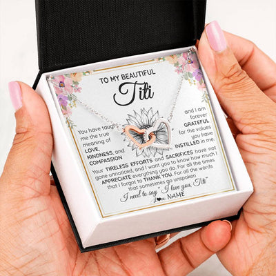 Interlocking Hearts Necklace Stainless Steel & Rose Gold Finish | Personalized To My Beautiful Titi From Niece Nephew Necklace Say I Love You Titi Birthday Mothers Day Christmas Jewelry Customized Gift Box Message Card | teecentury