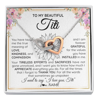 Interlocking Hearts Necklace Stainless Steel & Rose Gold Finish | Personalized To My Beautiful Titi From Niece Nephew Necklace Say I Love You Titi Birthday Mothers Day Christmas Jewelry Customized Gift Box Message Card | teecentury