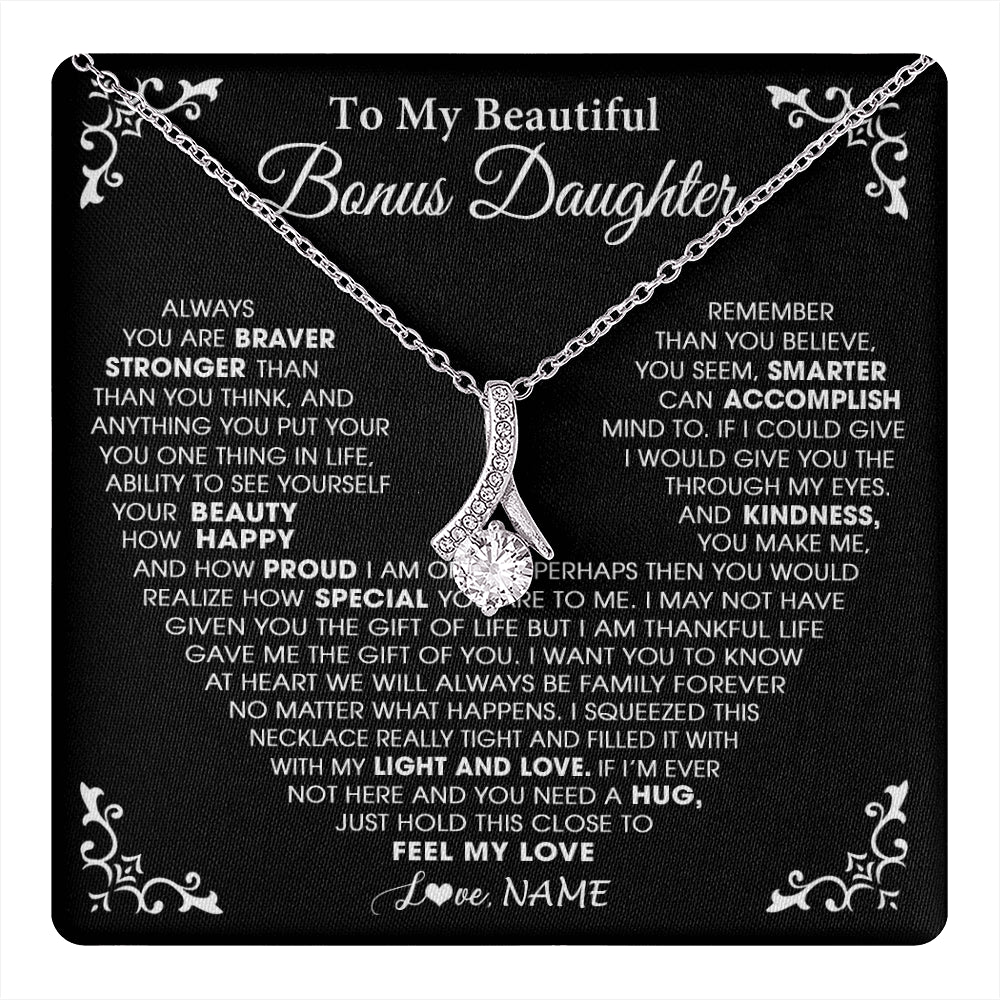 Alluring Beauty Necklace 14K White Gold Finish | 1 | Personalized To My Beautiful Unbiological Bonus Daughter Necklace From Stepdad Stepmom Heart Stepdaughter Birthday Christmas Customized Gift Box Message Card | teecentury