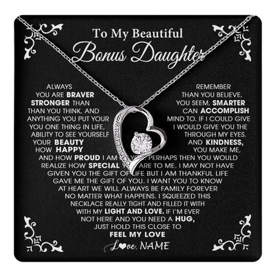 Forever Love Necklace 14K White Gold Finish | 1 | Personalized To My Beautiful Unbiological Bonus Daughter Necklace From Stepdad Stepmom Heart Stepdaughter Birthday Christmas Customized Gift Box Message Card | teecentury