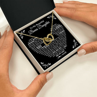 Interlocking Hearts Necklace 18K Yellow Gold Finish | 2 | Personalized To My Beautiful Unbiological Bonus Daughter Necklace From Stepdad Stepmom Heart Stepdaughter Birthday Christmas Customized Gift Box Message Card | teecentury