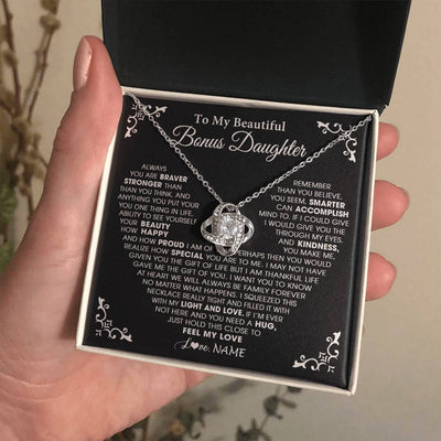 Love Knot Necklace 14K White Gold Finish | 2 | Personalized To My Beautiful Unbiological Bonus Daughter Necklace From Stepdad Stepmom Heart Stepdaughter Birthday Christmas Customized Gift Box Message Card | teecentury