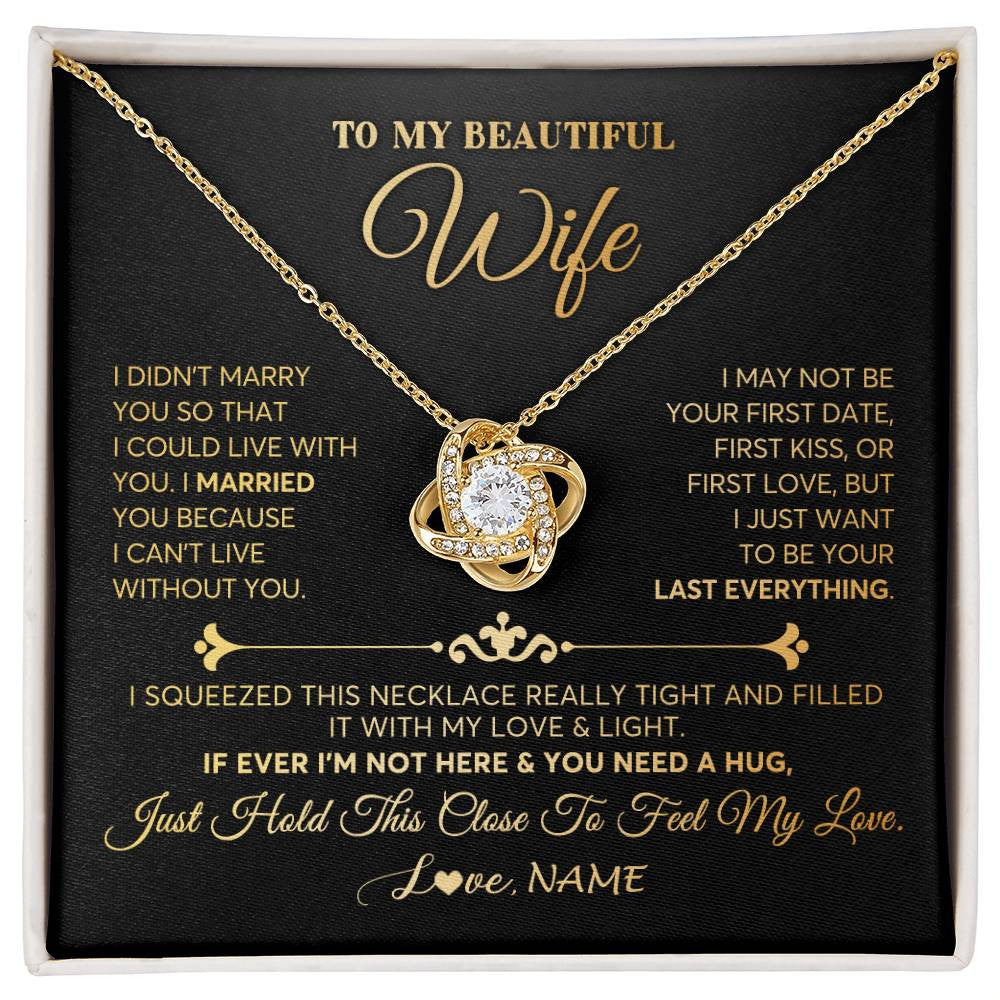 Love Knot Necklace 18K Yellow Gold Finish | Personalized To My Beautiful Wife Necklace From Husband Feel My Love Soulmate Wedding Anniversary Valentines Day Birthday Customized Gift Box Message Card | teecentury