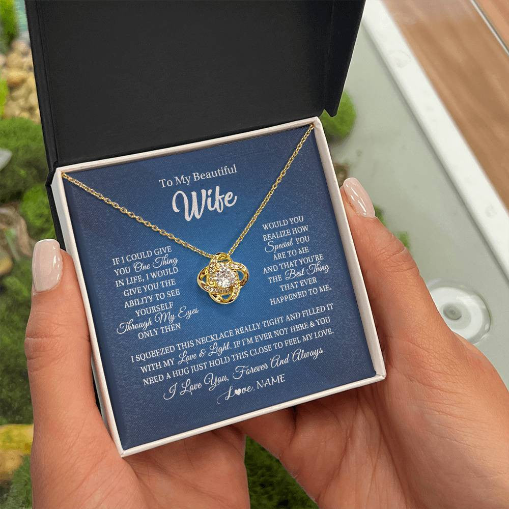 Love Knot Necklace 18K Yellow Gold Finish | 2 | Personalized To My Beautiful Wife Necklace From Husband Hold This Close My Love Wife Birthday Anniversary Valentine Christmas Customized Gift Box Message Card | teecentury