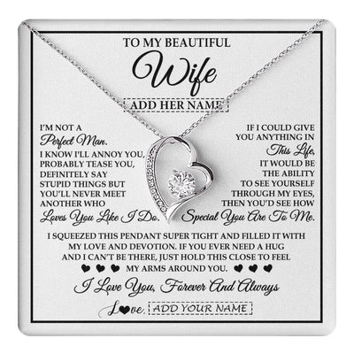 Forever Love Necklace 14K White Gold Finish | 1 | Personalized To My Beautiful Wife Necklace From Husband Love You Like I Do Promise Wife Romantic Birthday Anniversary For Her Christmas Gift Box Message Card | teecentury