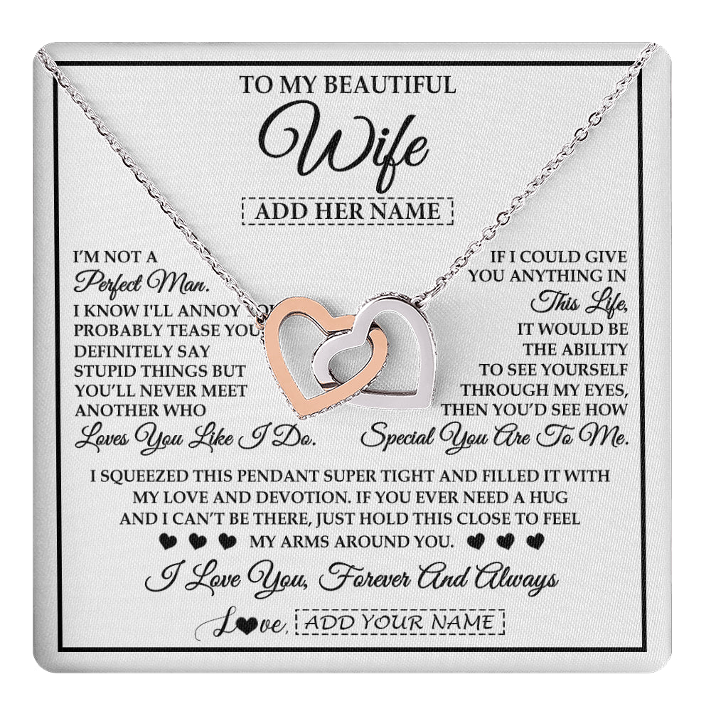 Interlocking Hearts Necklace Stainless Steel & Rose Gold Finish | 1 | Personalized To My Beautiful Wife Necklace From Husband Love You Like I Do Promise Wife Romantic Birthday Anniversary For Her Christmas Gift Box Message Card | teecentury