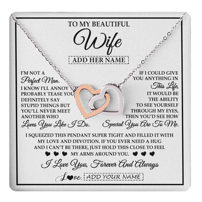 Interlocking Hearts Necklace Stainless Steel & Rose Gold Finish | 1 | Personalized To My Beautiful Wife Necklace From Husband Love You Like I Do Promise Wife Romantic Birthday Anniversary For Her Christmas Gift Box Message Card | teecentury