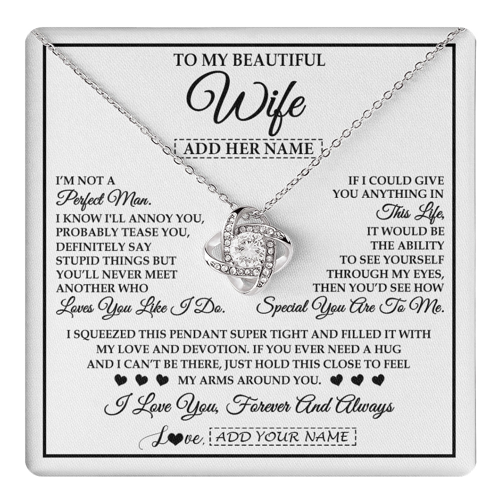 Love Knot Necklace 14K White Gold Finish | 1 | Personalized To My Beautiful Wife Necklace From Husband Love You Like I Do Promise Wife Romantic Birthday Anniversary For Her Christmas Gift Box Message Card | teecentury
