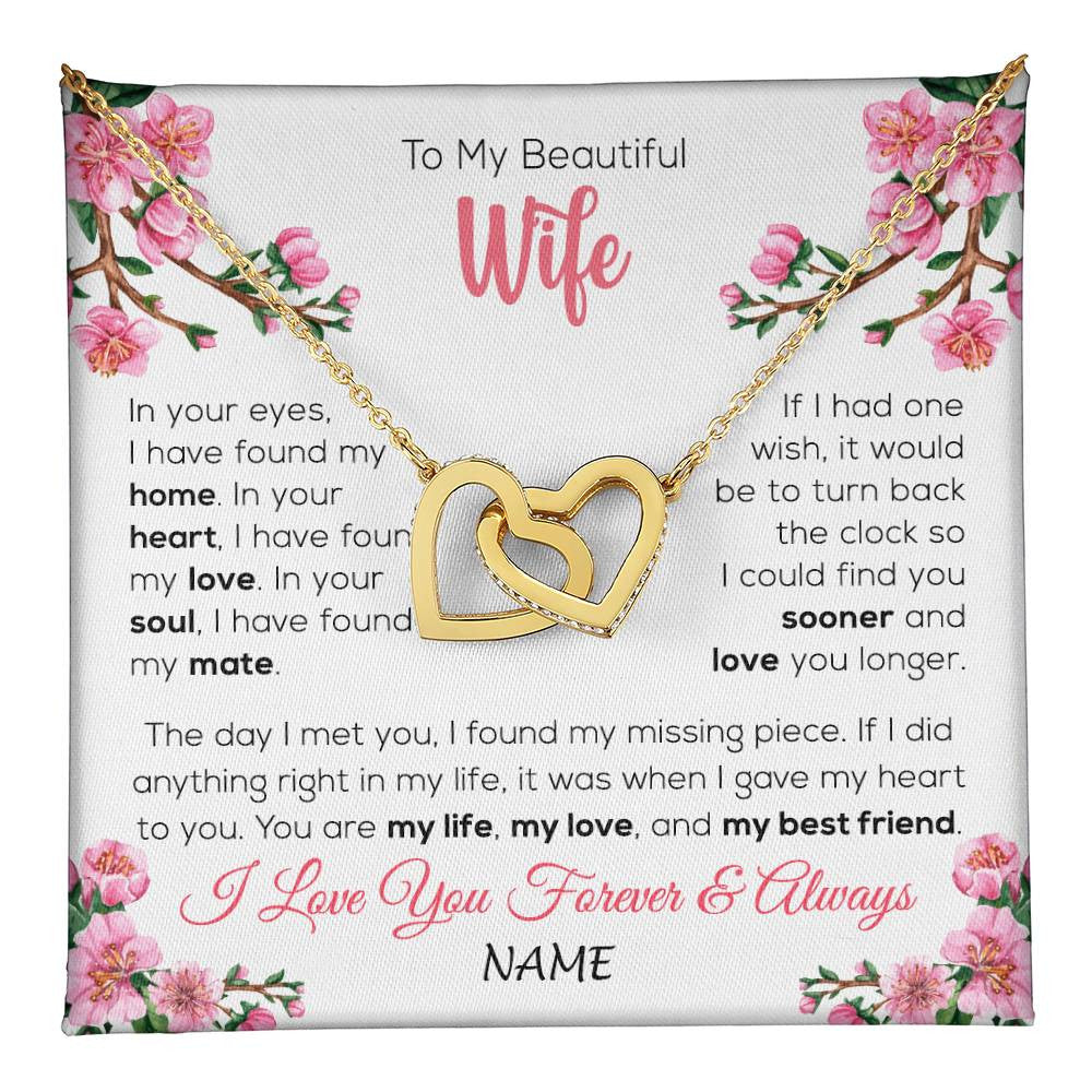 Interlocking Hearts Necklace 18K Yellow Gold Finish | 1 | Personalized To My Beautiful Wife Necklace From Husband Love You Longer Wife Birthday Anniversary Wedding Valentines Day Customized Gift Box Message Card | teecentury