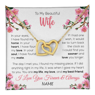 Interlocking Hearts Necklace 18K Yellow Gold Finish | 1 | Personalized To My Beautiful Wife Necklace From Husband Love You Longer Wife Birthday Anniversary Wedding Valentines Day Customized Gift Box Message Card | teecentury