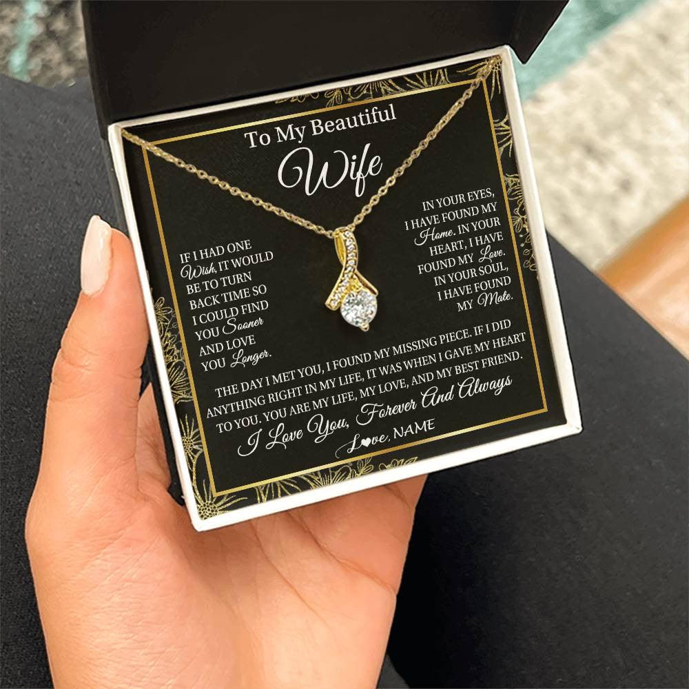 Alluring Beauty Necklace 18K Yellow Gold Finish | Personalized To My Beautiful Wife Necklace From Husband Romantic Gifts Wife Birthday Anniversary Jewelry Valentines Christmas Customized Gift Box Message Card | teecentury