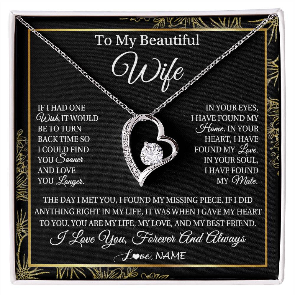Forever Love Necklace 14K White Gold Finish | Personalized To My Beautiful Wife Necklace From Husband Romantic Gifts Wife Birthday Anniversary Jewelry Valentines Christmas Customized Gift Box Message Card | teecentury