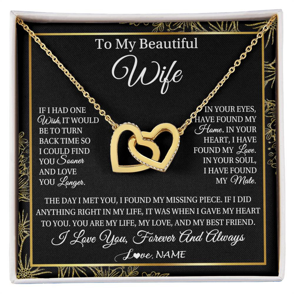 Interlocking Hearts Necklace 18K Yellow Gold Finish | Personalized To My Beautiful Wife Necklace From Husband Romantic Gifts Wife Birthday Anniversary Jewelry Valentines Christmas Customized Gift Box Message Card | teecentury