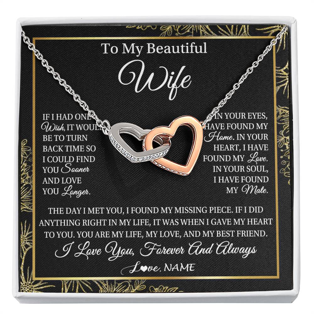 Interlocking Hearts Necklace Stainless Steel & Rose Gold Finish | Personalized To My Beautiful Wife Necklace From Husband Romantic Gifts Wife Birthday Anniversary Jewelry Valentines Christmas Customized Gift Box Message Card | teecentury