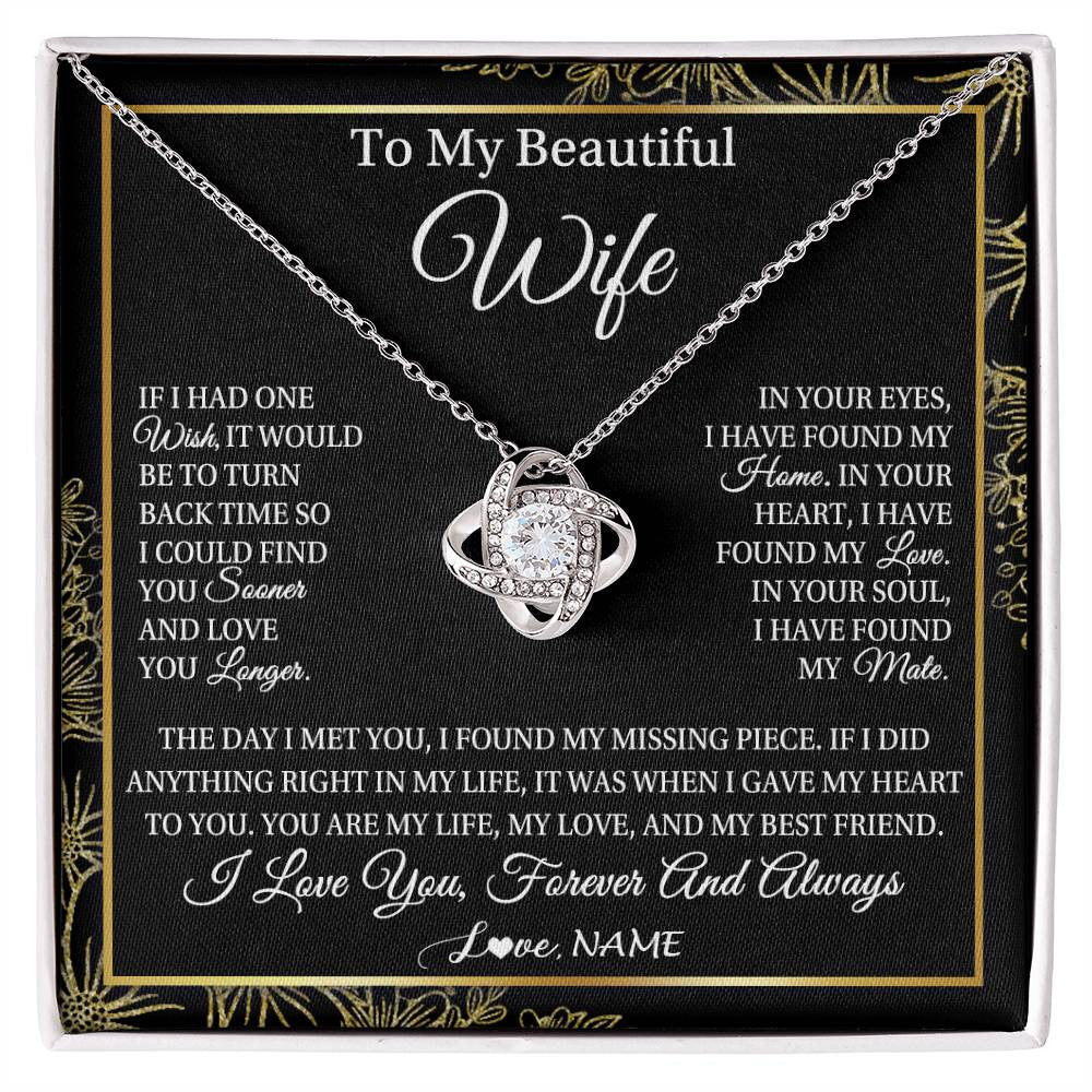 Love Knot Necklace 14K White Gold Finish | Personalized To My Beautiful Wife Necklace From Husband Romantic Gifts Wife Birthday Anniversary Jewelry Valentines Christmas Customized Gift Box Message Card | teecentury