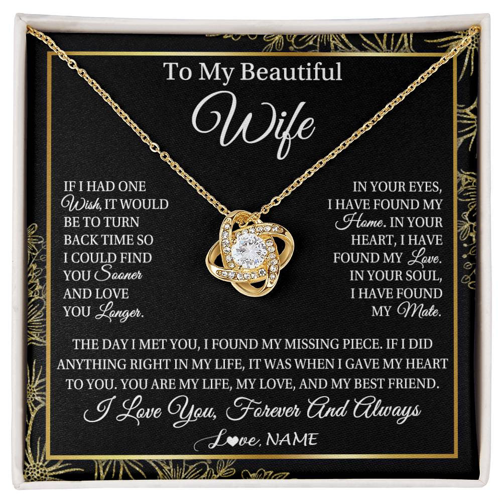 Love Knot Necklace 18K Yellow Gold Finish | Personalized To My Beautiful Wife Necklace From Husband Romantic Gifts Wife Birthday Anniversary Jewelry Valentines Christmas Customized Gift Box Message Card | teecentury