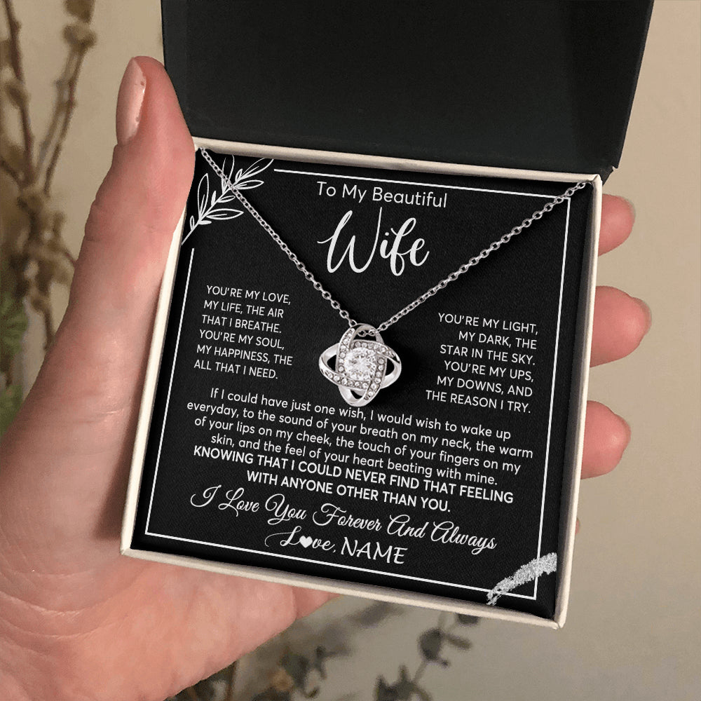 Love Knot Necklace 14K White Gold Finish | 2 | Personalized To My Beautiful Wife Necklace From Husband You're My Love Wife Birthday Anniversary Valentines Day Christmas Customized Gift Box Message Card | teecentury