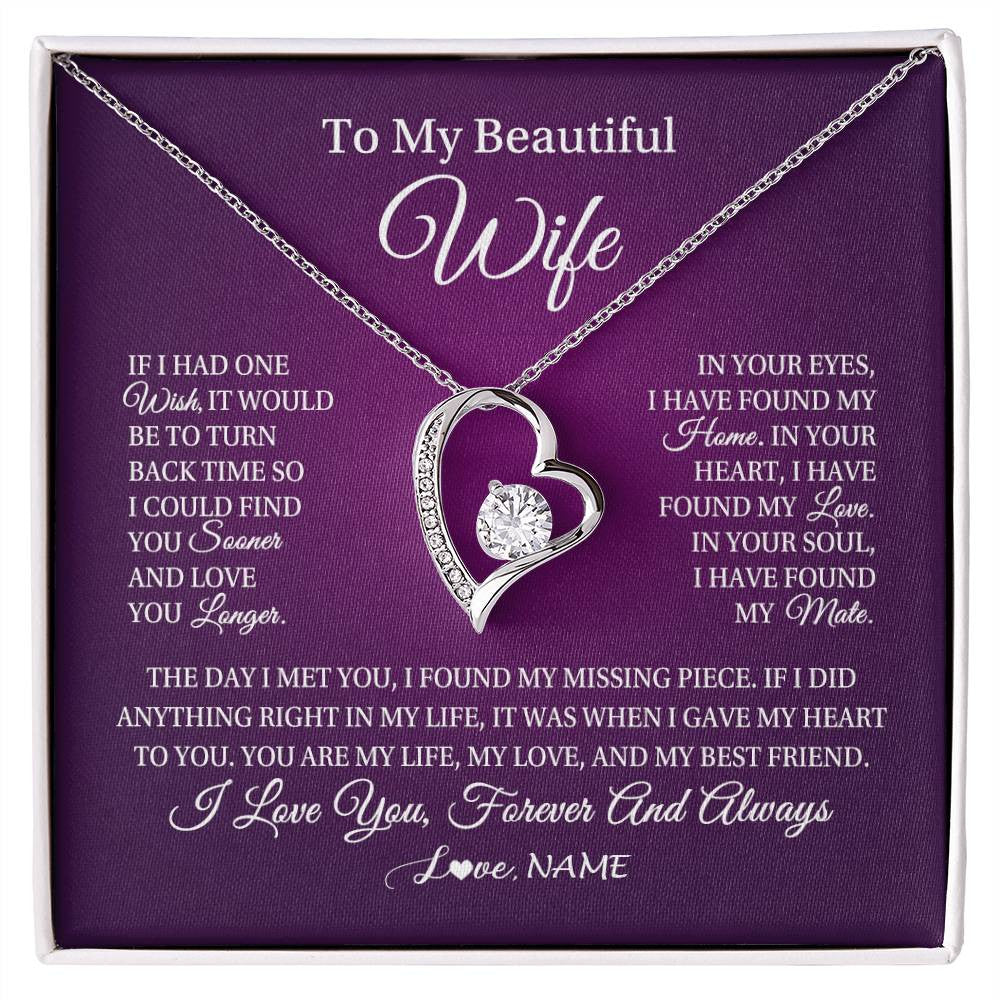 Forever Love Necklace 14K White Gold Finish | Personalized To My Beautiful Wife Necklace Gift From Husband Romantic Gifts For Wife Birthday Anniversary Valentines Christmas Customized Gift Box Message Card | teecentury