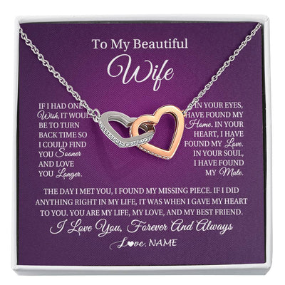 Interlocking Hearts Necklace Stainless Steel & Rose Gold Finish | Personalized To My Beautiful Wife Necklace Gift From Husband Romantic Gifts For Wife Birthday Anniversary Valentines Christmas Customized Gift Box Message Card | teecentury