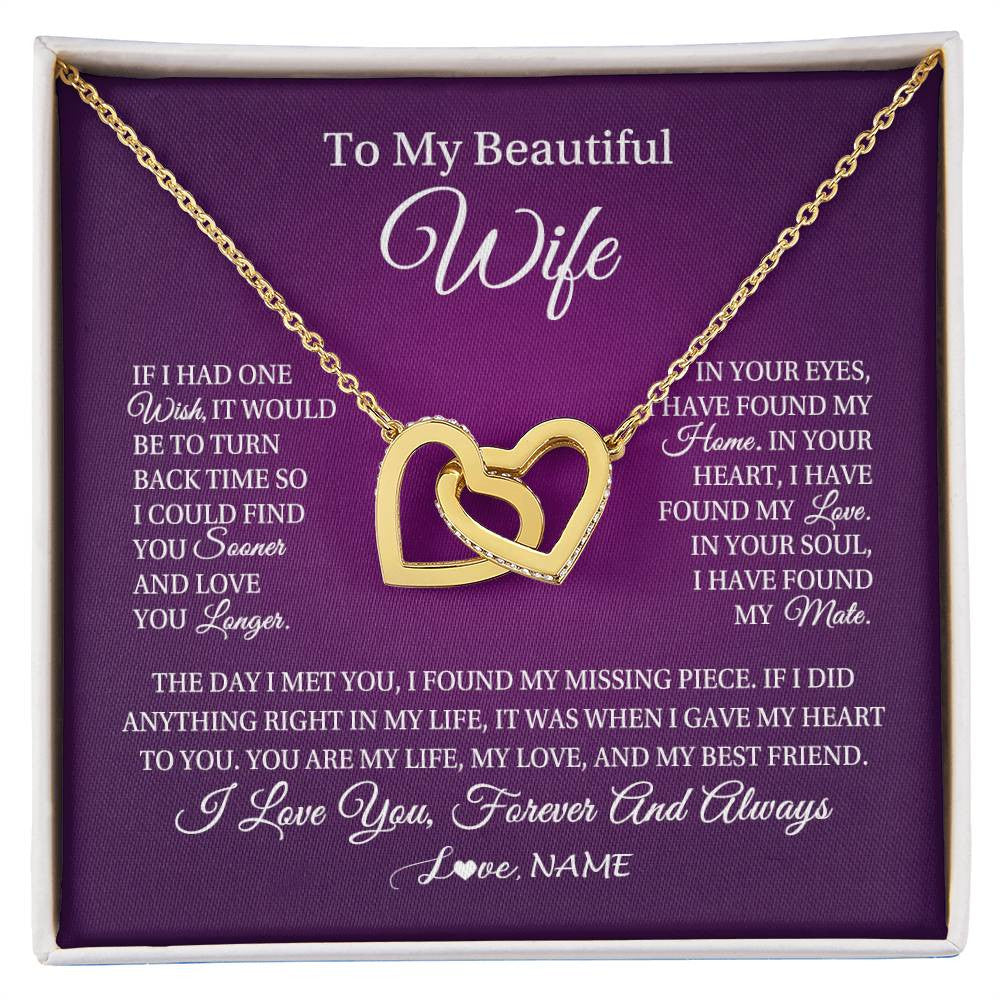Interlocking Hearts Necklace 18K Yellow Gold Finish | Personalized To My Beautiful Wife Necklace Gift From Husband Romantic Gifts For Wife Birthday Anniversary Valentines Christmas Customized Gift Box Message Card | teecentury