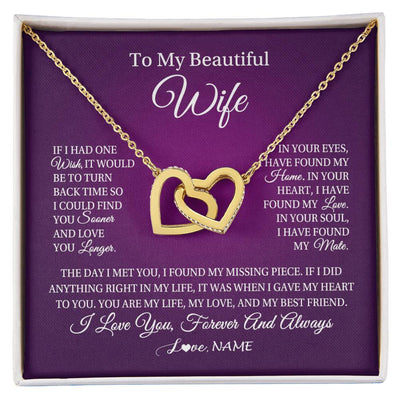Interlocking Hearts Necklace 18K Yellow Gold Finish | Personalized To My Beautiful Wife Necklace Gift From Husband Romantic Gifts For Wife Birthday Anniversary Valentines Christmas Customized Gift Box Message Card | teecentury
