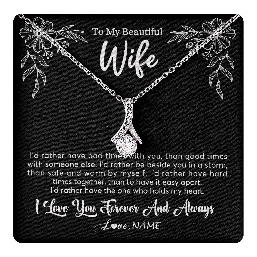 Alluring Beauty Necklace 14K White Gold Finish | 1 | Personalized To My Beautiful Wife Necklace Gifts From Husband I'd Rather Hot Wife Birthday Anniversary Wedding Valentines Day Customized Gift Box Message Card | teecentury