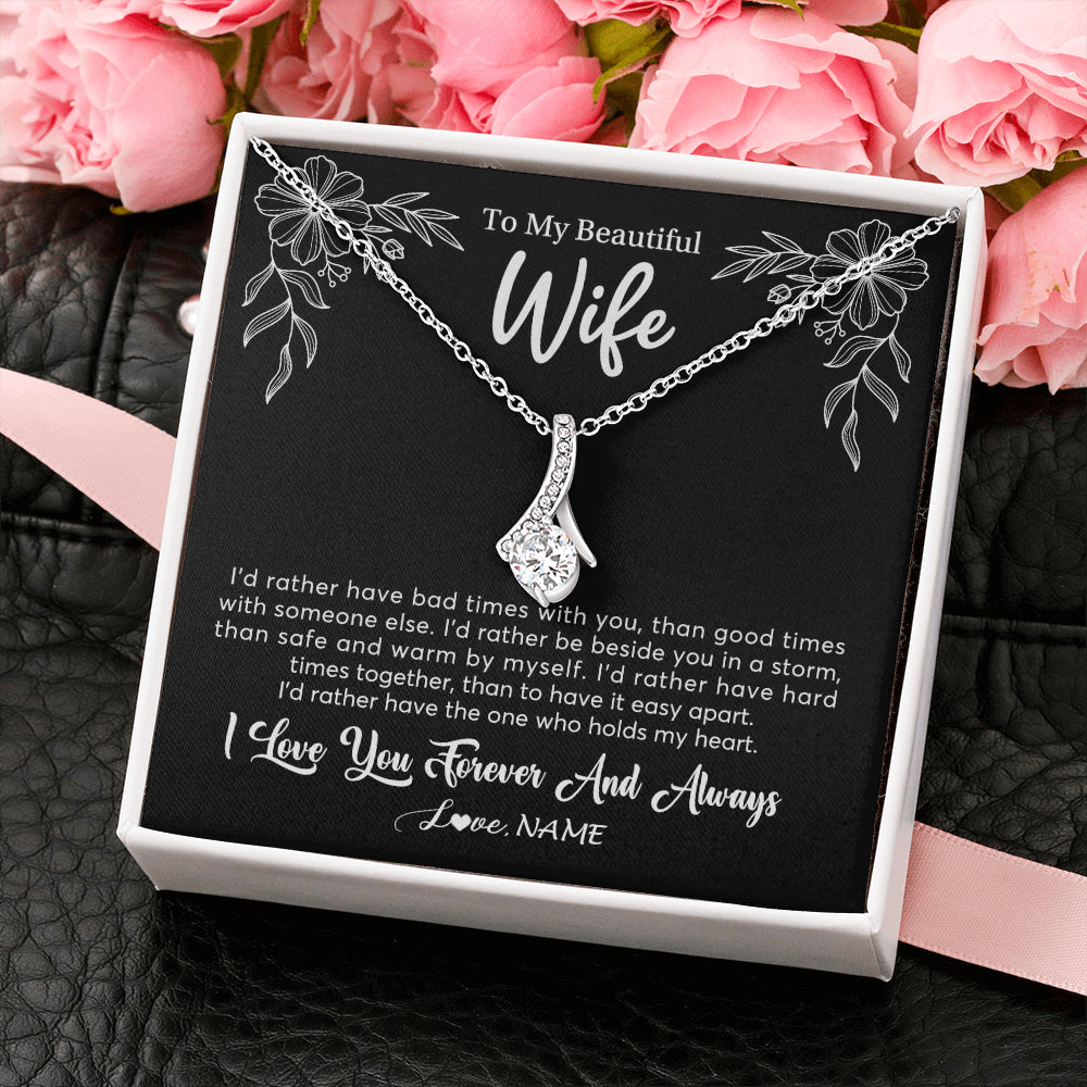 Alluring Beauty Necklace 14K White Gold Finish | 2 | Personalized To My Beautiful Wife Necklace Gifts From Husband I'd Rather Hot Wife Birthday Anniversary Wedding Valentines Day Customized Gift Box Message Card | teecentury