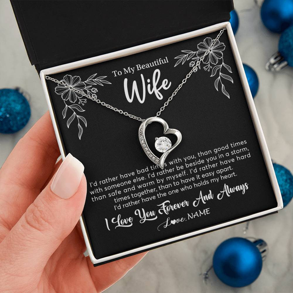 Forever Love Necklace 14K White Gold Finish | 2 | Personalized To My Beautiful Wife Necklace Gifts From Husband I'd Rather Hot Wife Birthday Anniversary Wedding Valentines Day Customized Gift Box Message Card | teecentury