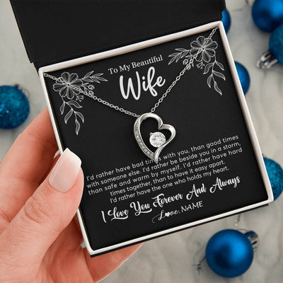 Forever Love Necklace 14K White Gold Finish | 2 | Personalized To My Beautiful Wife Necklace Gifts From Husband I'd Rather Hot Wife Birthday Anniversary Wedding Valentines Day Customized Gift Box Message Card | teecentury