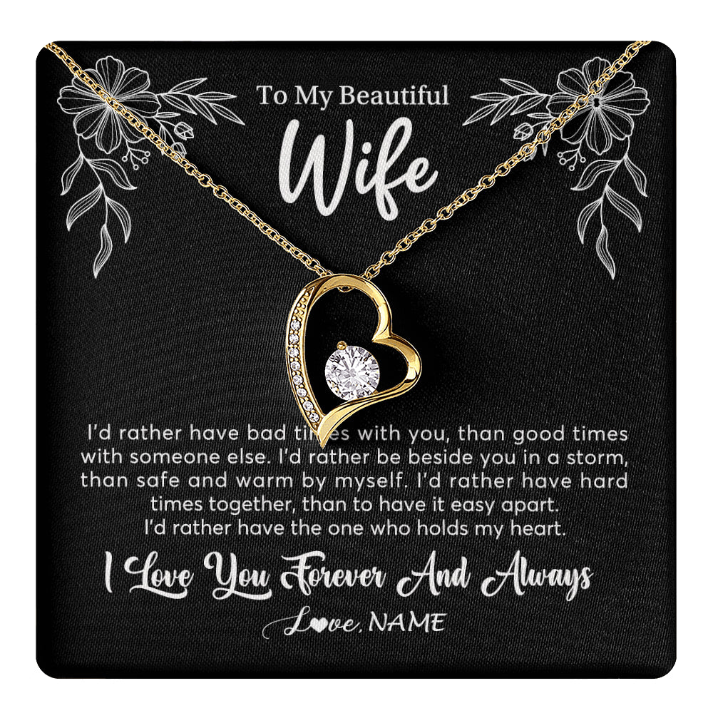 Forever Love Necklace 18K Yellow Gold Finish | 1 | Personalized To My Beautiful Wife Necklace Gifts From Husband I'd Rather Hot Wife Birthday Anniversary Wedding Valentines Day Customized Gift Box Message Card | teecentury