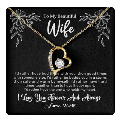 Forever Love Necklace 18K Yellow Gold Finish | 1 | Personalized To My Beautiful Wife Necklace Gifts From Husband I'd Rather Hot Wife Birthday Anniversary Wedding Valentines Day Customized Gift Box Message Card | teecentury