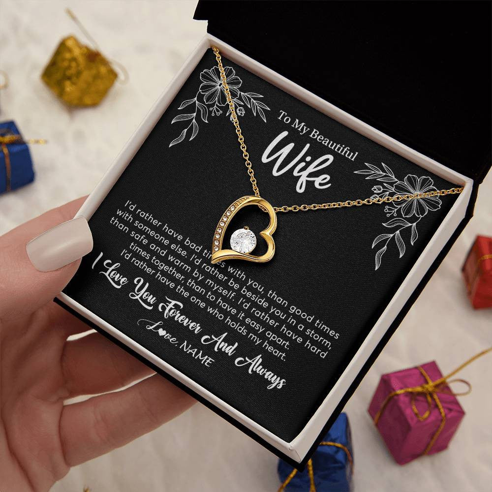 Forever Love Necklace 18K Yellow Gold Finish | 2 | Personalized To My Beautiful Wife Necklace Gifts From Husband I'd Rather Hot Wife Birthday Anniversary Wedding Valentines Day Customized Gift Box Message Card | teecentury