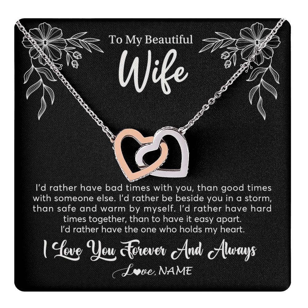 Interlocking Hearts Necklace Stainless Steel & Rose Gold Finish | 1 | Personalized To My Beautiful Wife Necklace Gifts From Husband I'd Rather Hot Wife Birthday Anniversary Wedding Valentines Day Customized Gift Box Message Card | teecentury