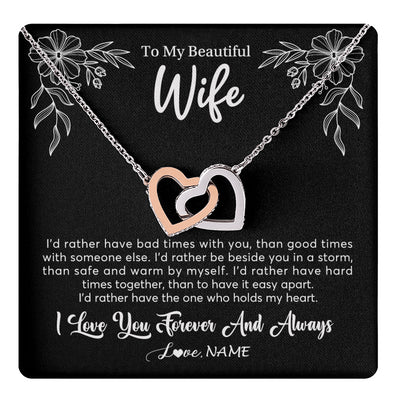 Interlocking Hearts Necklace Stainless Steel & Rose Gold Finish | 1 | Personalized To My Beautiful Wife Necklace Gifts From Husband I'd Rather Hot Wife Birthday Anniversary Wedding Valentines Day Customized Gift Box Message Card | teecentury