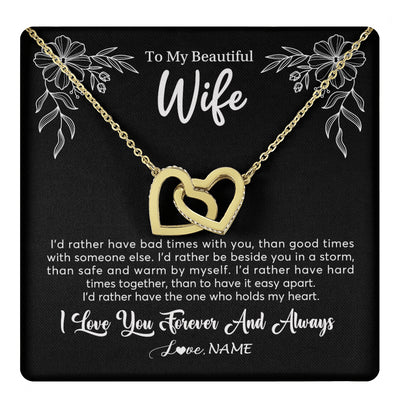 Interlocking Hearts Necklace 18K Yellow Gold Finish | 1 | Personalized To My Beautiful Wife Necklace Gifts From Husband I'd Rather Hot Wife Birthday Anniversary Wedding Valentines Day Customized Gift Box Message Card | teecentury